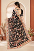Black Net Embroidered Floral Designer Saree with Scalloped Border Blouse