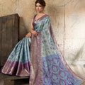 Sky Blue Banarasi Silk Saree Purple Zari Border Floral Weaving Saree