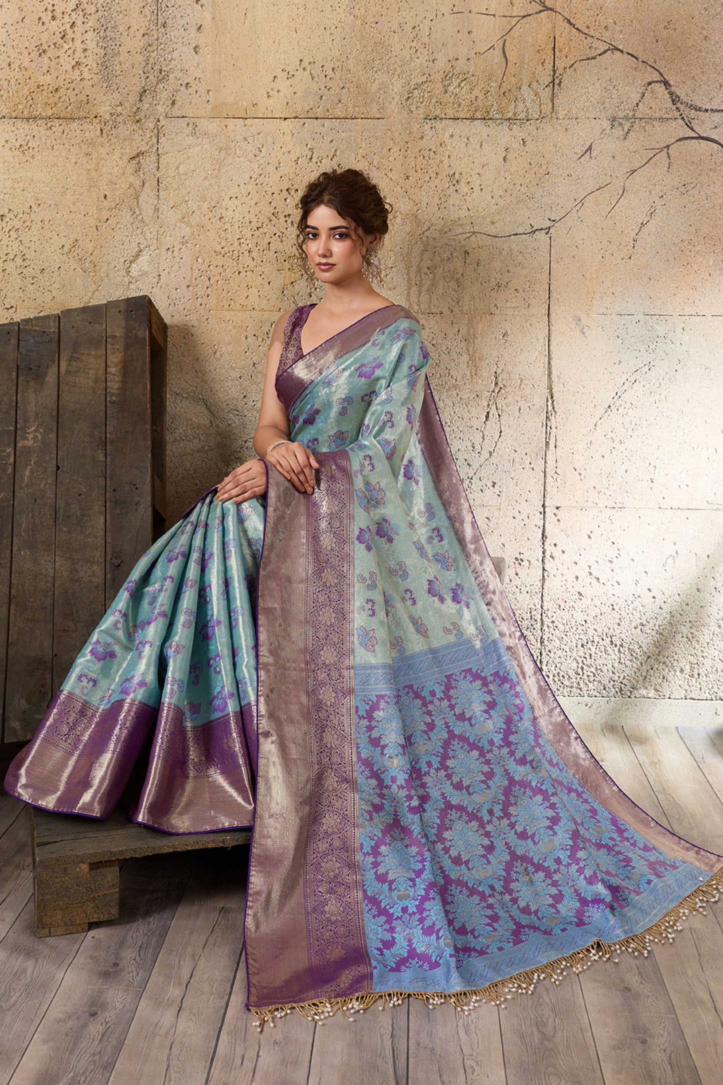 Sky Blue Banarasi Silk Saree Purple Zari Border Floral Weaving Saree