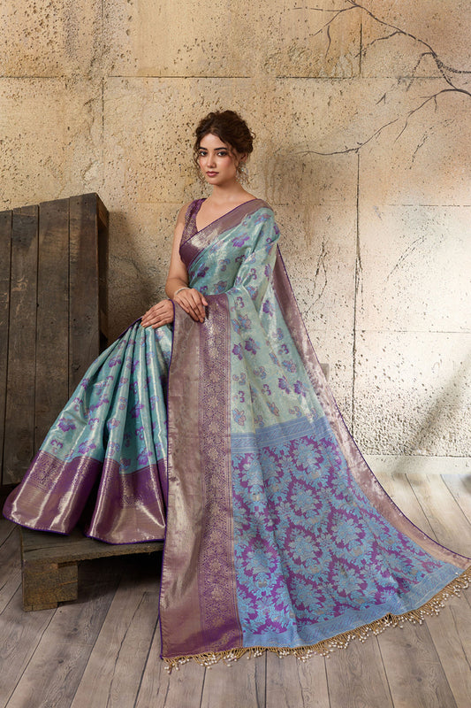 Sky Blue Banarasi Silk Saree Purple Zari Border Floral Weaving Saree