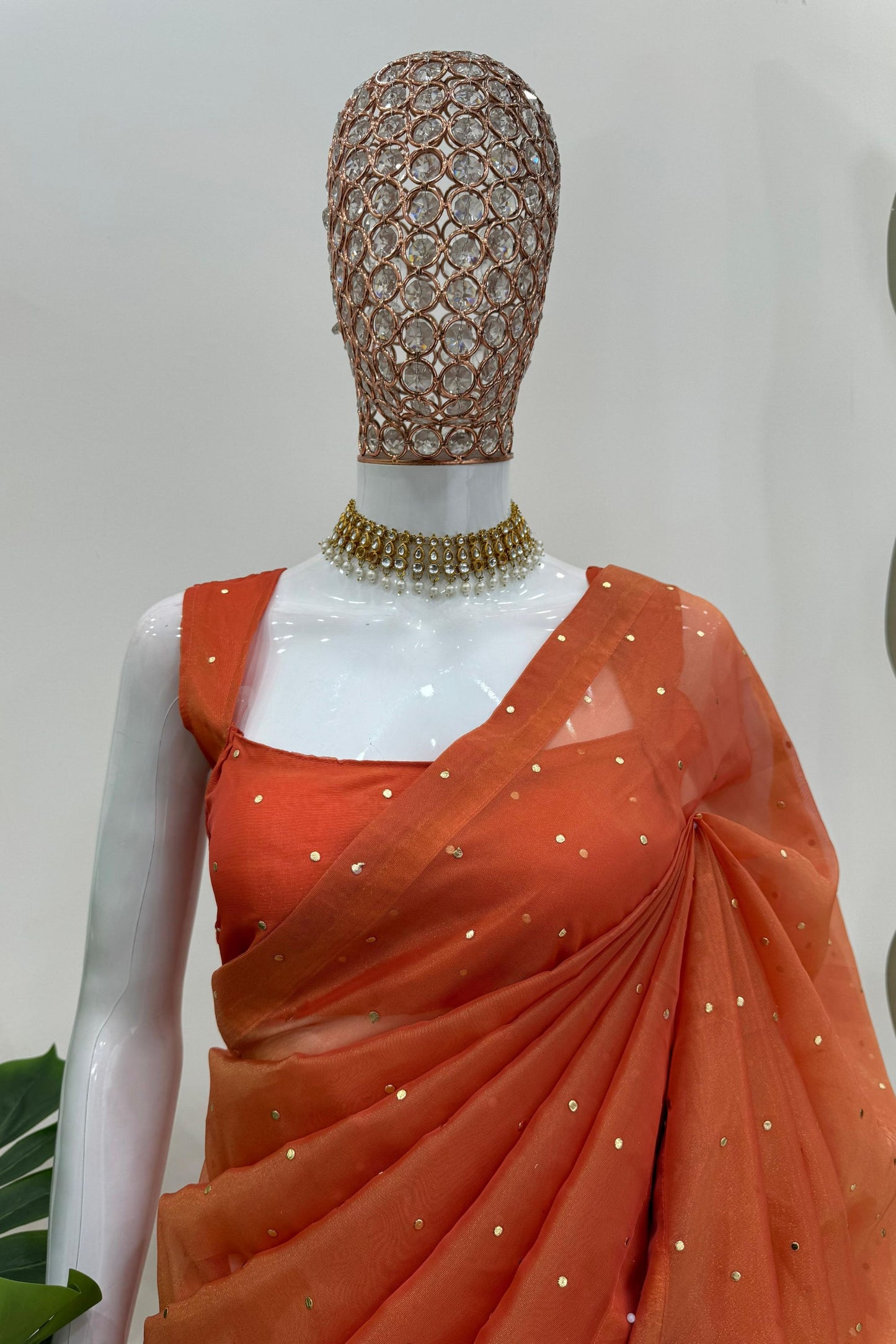Rust Orange Swarovski Work Organza Designer Saree
