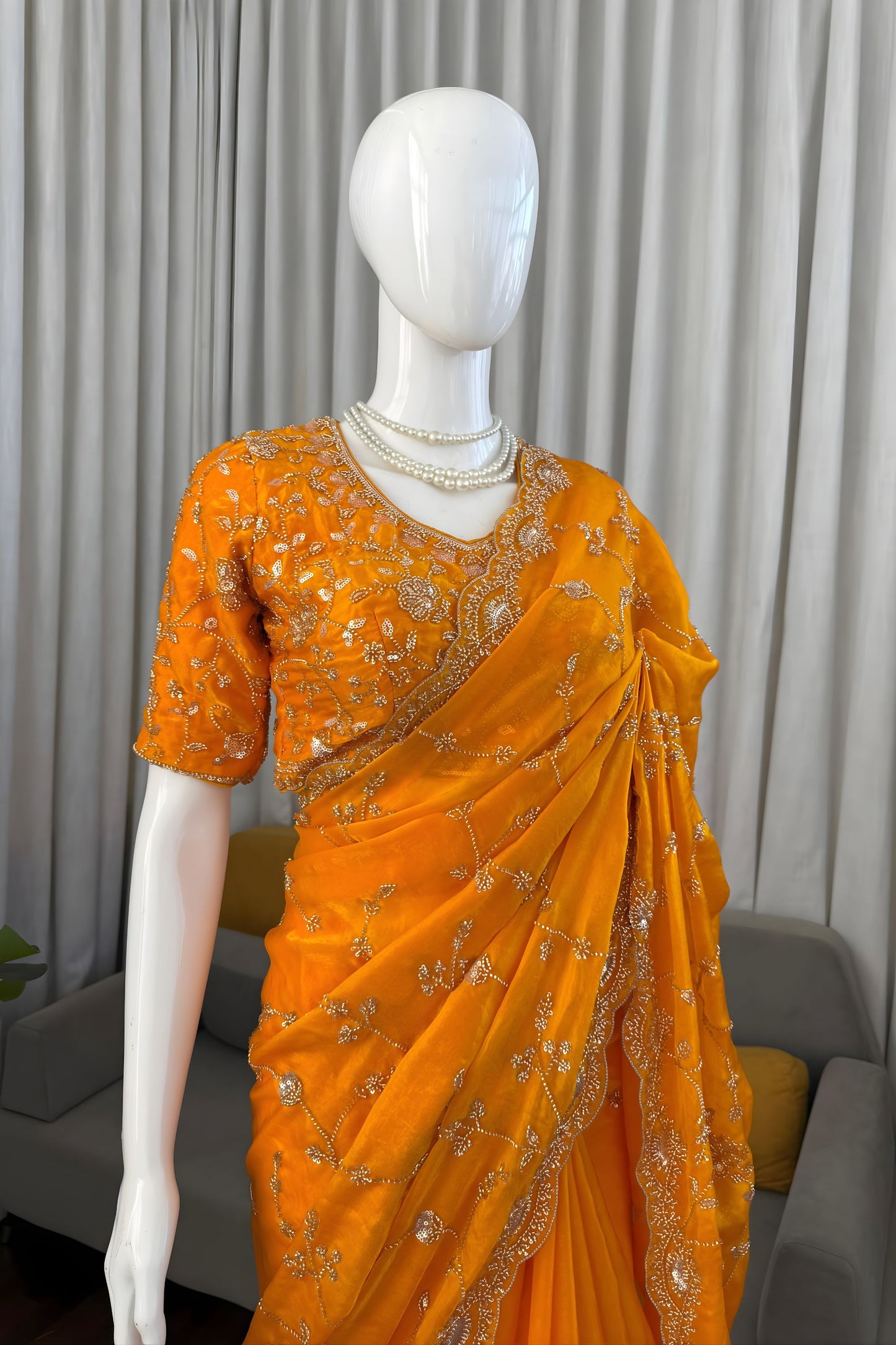 Royal Orange Heavy Embroidered Designer Saree Party Wear