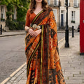Rust Orange Abstract Printed Saree with Designer Border Blouse 