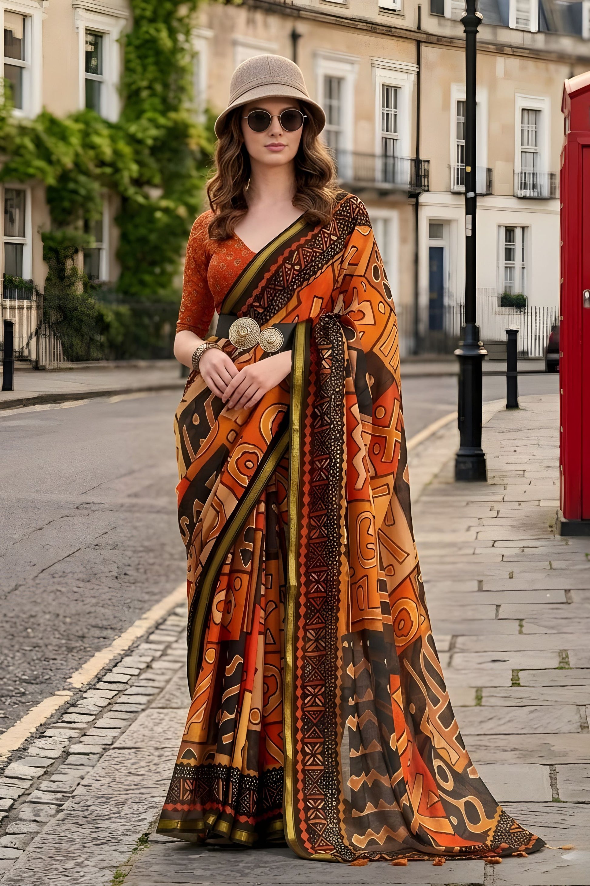 Rust Orange Abstract Printed Saree with Designer Border Blouse 