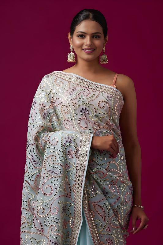 Sea Green Heavy Embroidered Designer Saree with Blouse