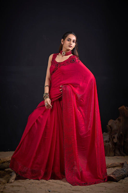 Rani Pink Embroidered Silk Saree with Designer Blouse