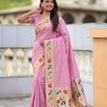Pink Floral Woven Linen Silk Saree with Designer Border