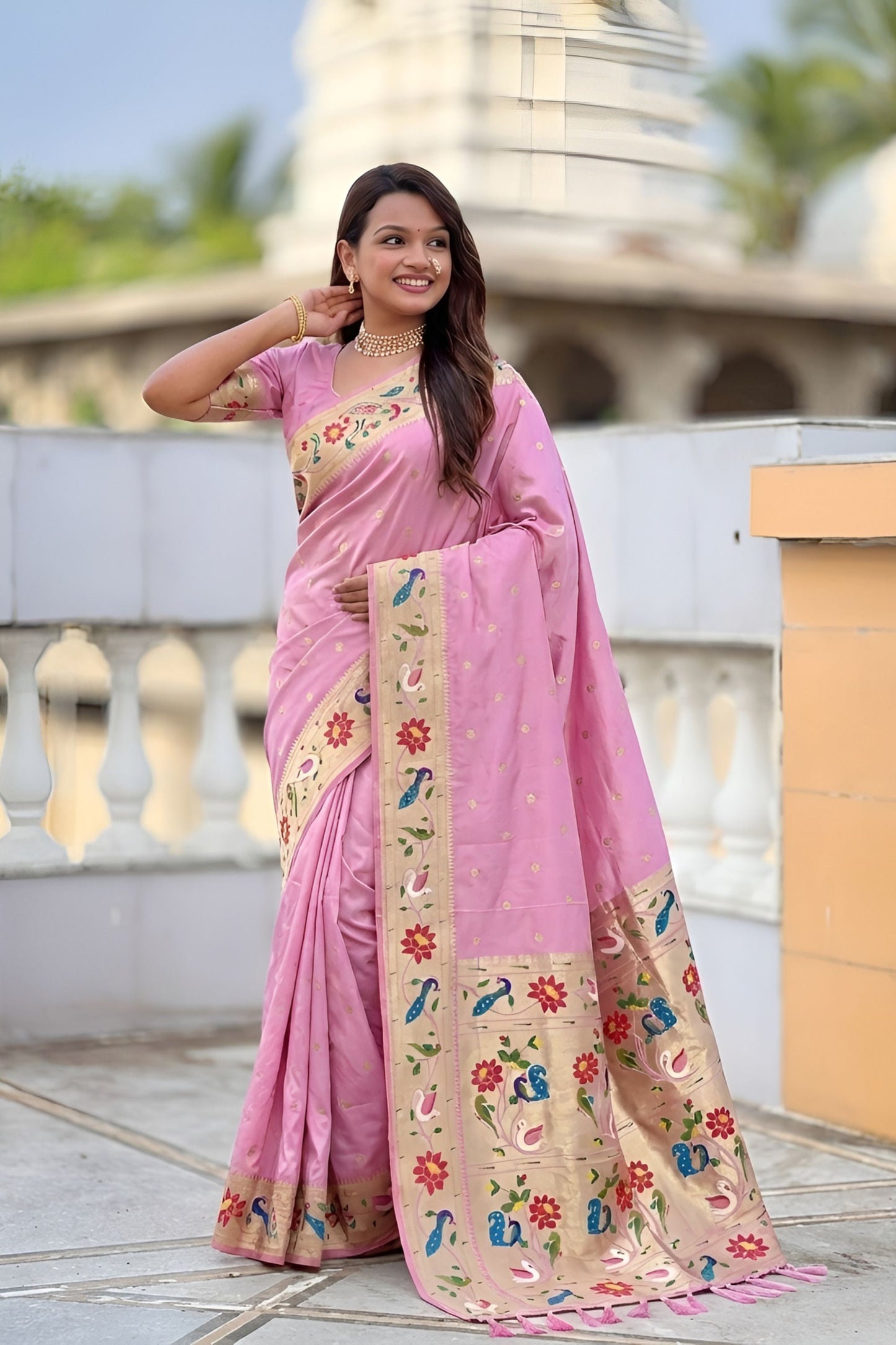 Pink Floral Woven Linen Silk Saree with Designer Border