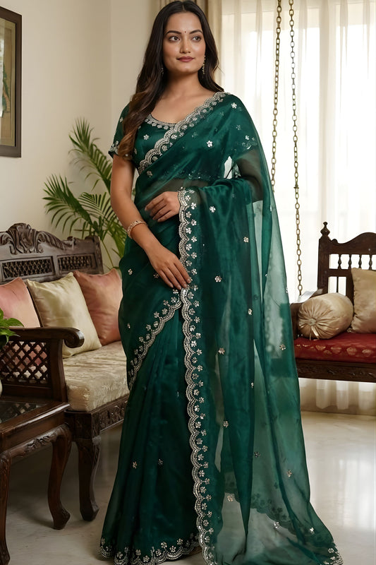 Elegant Bottle Green Embroidered Georgette Saree Party Wear Saree