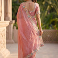 Peach Organza Silk Saree Floral Embroidered Border Designer Blouse