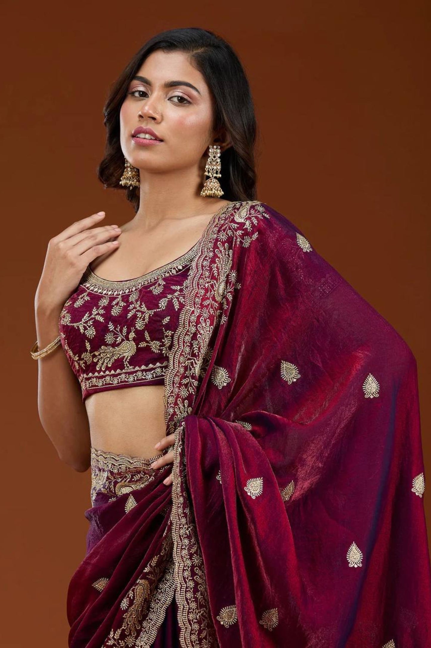 Wine Maroon Embroidered Silk Saree Designer Party Wear Saree