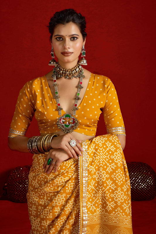 Designer Yellow Bandhani Print Saree with Traditional Border Festive Wear Saree