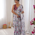 Elegant White Floral Printed Linen Saree with Designer Lace Border