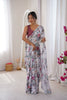 Elegant White Floral Printed Linen Saree with Designer Lace Border