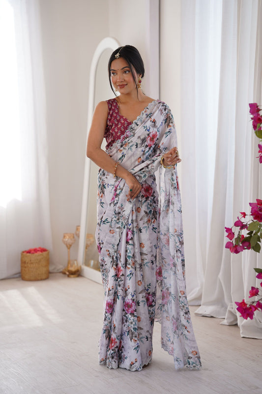 Elegant White Floral Printed Linen Saree with Designer Lace Border
