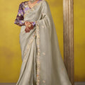 Off White Silk Saree with Embroidered Border Floral Designer Blouse