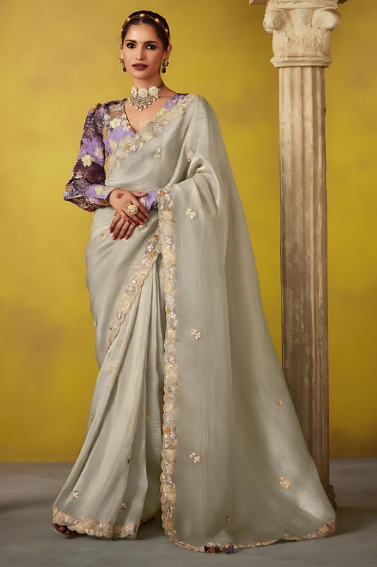 Off White Silk Saree with Embroidered Border Floral Designer Blouse
