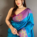 Peacock Blue Soft Silk Saree with Purple Border and Designer Pallu