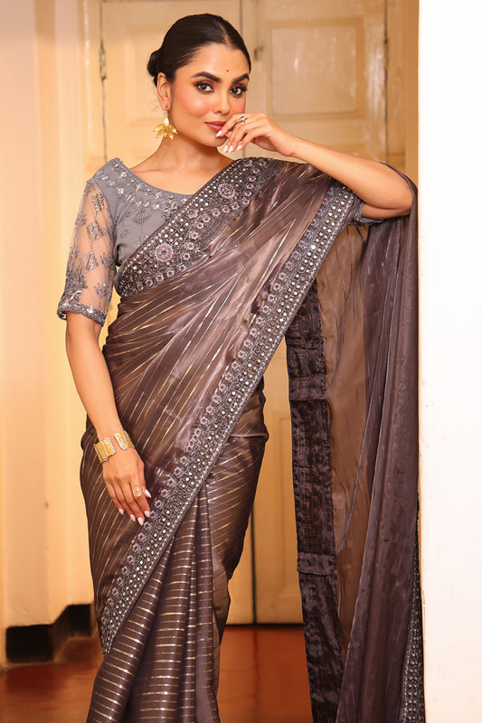 Charcoal Grey Designer Satin Saree with Embroidered Border Net Blouse