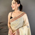 Off White Linen Cotton Saree Handcrafted Elephant Print Pallu