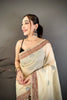 Off White Linen Cotton Saree Handcrafted Elephant Print Pallu