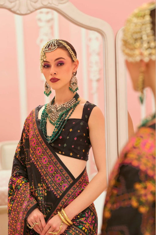 Black Gujarati Patola Silk Saree with Multicolor Traditional Designer Blouse