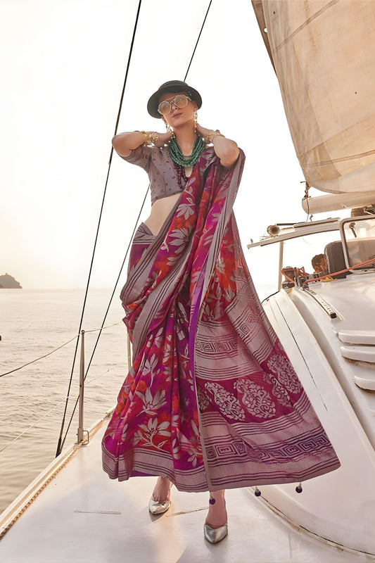 Magenta Floral Printed Silk Saree with Designer Border Festive Saree 