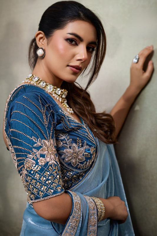 Light Blue Soft Silk Saree with Designer Embroidered Blouse Zari Border