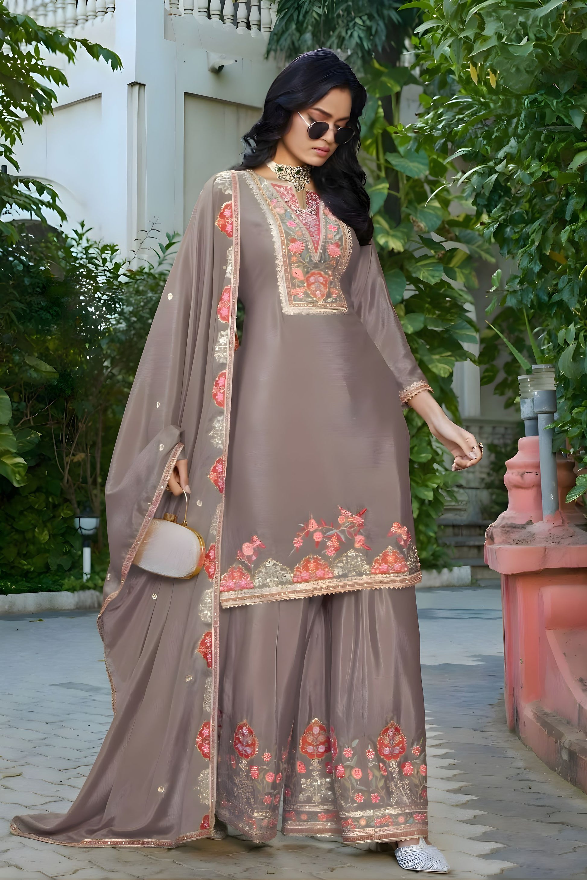 Elegant Brown Embroidered Crepe Palazzo Suit Set Dupatta for Women