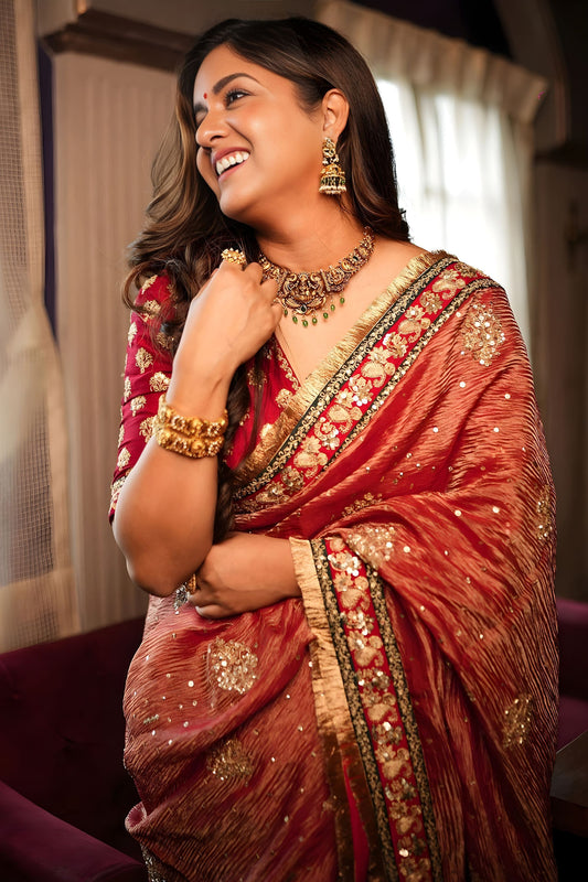 Rust Red Silk Saree with Heavy Embroidered Border Designer Blouse