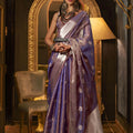 Purple Banarasi Silk Saree with Silver Zari Weaving Designer Border