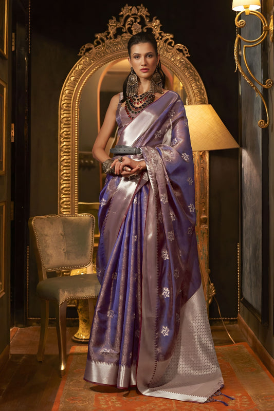 Purple Banarasi Silk Saree with Silver Zari Weaving Designer Border