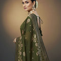 Olive Green Silk Saree with Gold Zari Floral Border Traditional Wear Saree