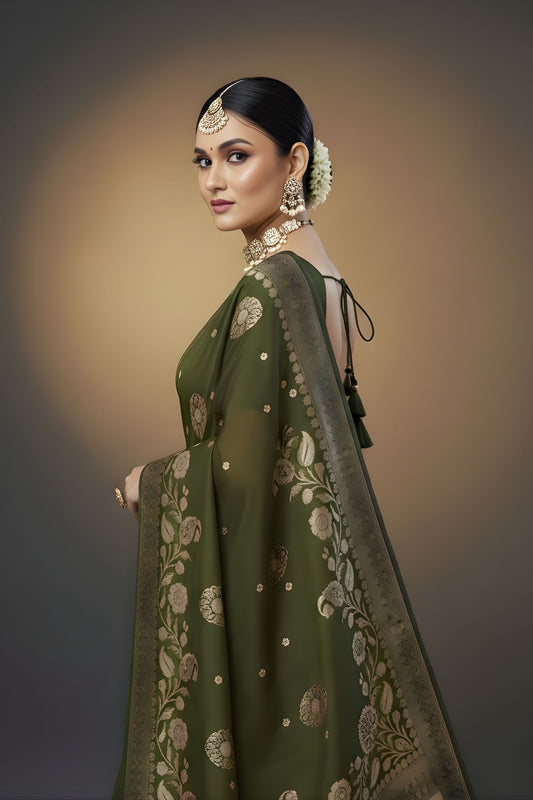 Olive Green Silk Saree with Gold Zari Floral Border Traditional Wear Saree