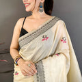 Off White Linen Cotton Saree Floral Hand Block Print Border