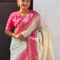 Cream Paithani Silk Saree Rich Pink Zari Border Designer Floral Peacock Pallu