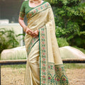 Golden Beige Silk Saree Green Woven Border Traditional Banarasi Pallu 