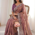 Mauve Rose Gold Tissue Silk Saree Heavy Embroidered Border