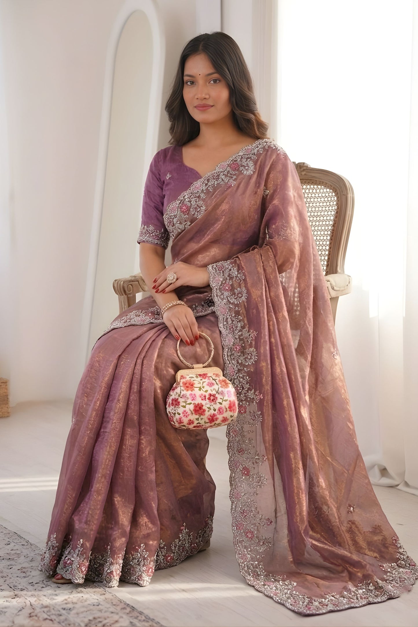 Mauve Rose Gold Tissue Silk Saree Heavy Embroidered Border