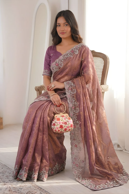 Mauve Rose Gold Tissue Silk Saree Heavy Embroidered Border