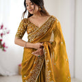 Mustard Yellow Handwoven Organza Silk Saree Designer Blouse