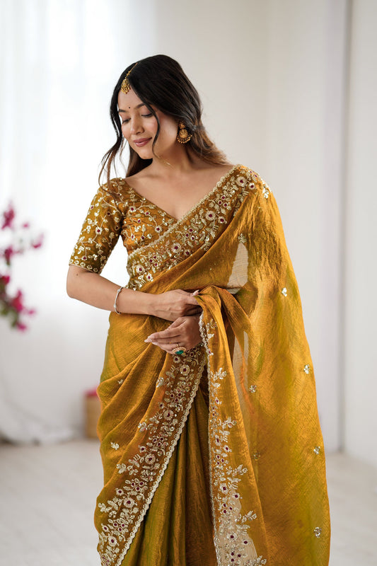 Mustard Yellow Handwoven Organza Silk Saree Designer Blouse