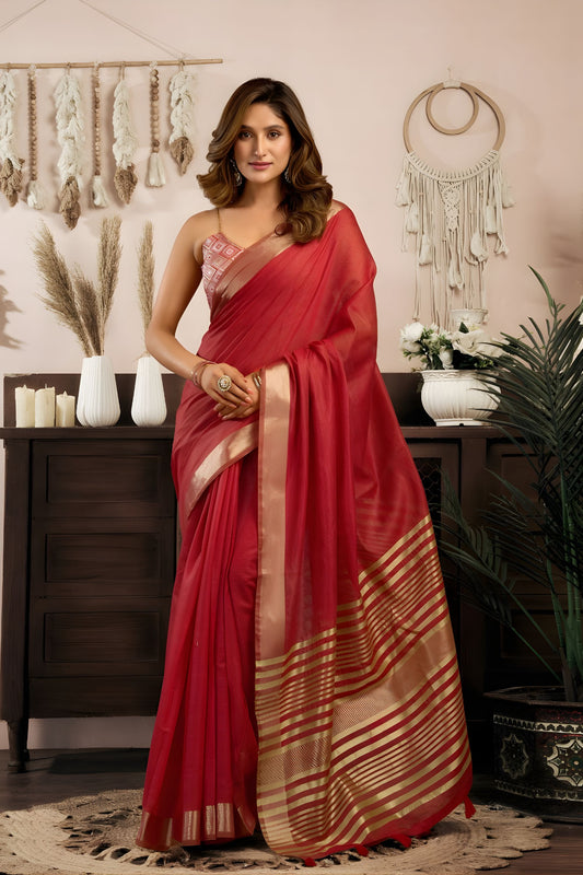 Red Silk Saree with Golden Zari Border Designer Saree