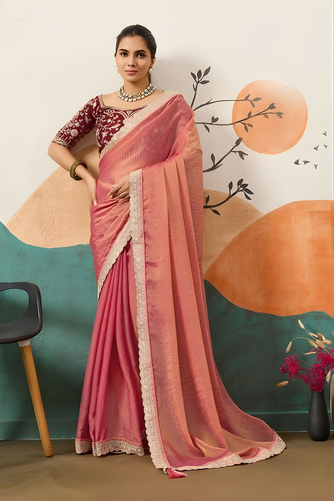 Peach Silk Saree with Embroidered Border Maroon Designer Blouse
