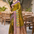 Olive Green Silk Saree with Contrast Zari Border Designer Pallu