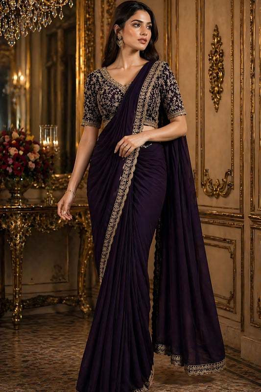 Dark Purple Designer Georgette Saree with Embroidered Blouse