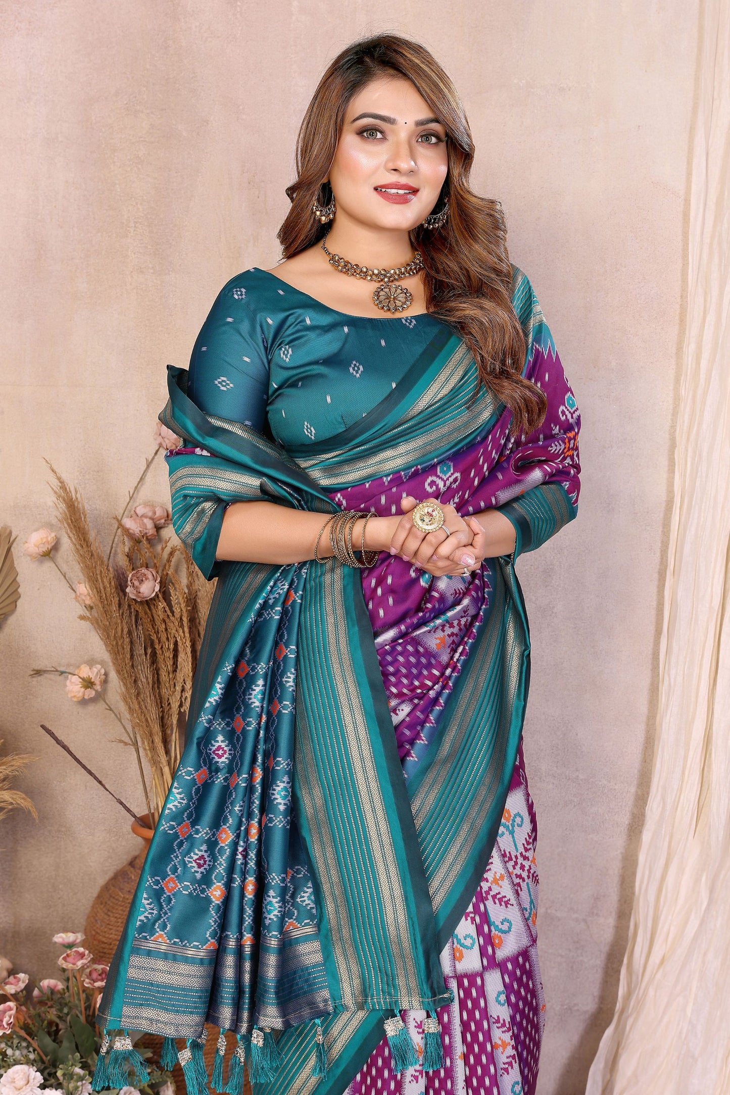 Purple And Teal Ikat Silk Saree with Traditional Weaving Saree