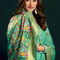 Sea Green Soft Silk Saree with Floral Embroidery Gold Zari Border