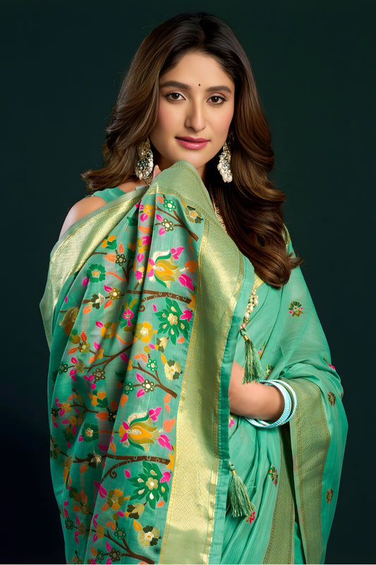 Sea Green Soft Silk Saree with Floral Embroidery Gold Zari Border