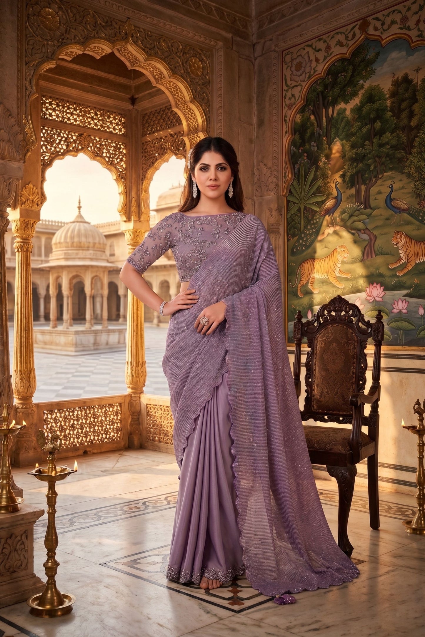  Lavender Shimmer Saree with Embroidered Blouse and Designer Border 